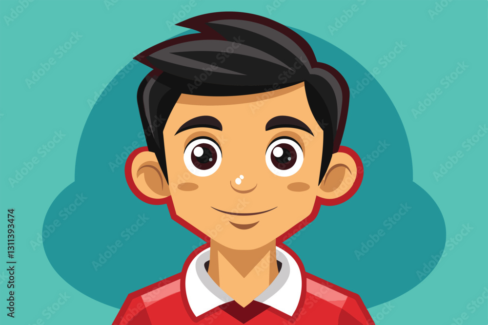A young cartoon boy with expressive eyes and a bright smile, dressed in a vibrant red shirt against a green backdrop, Post Customizable Cartoon Illustration A young cartoon boy with expressive eyes and a bright smile, dressed in a vibrant red shirt against a green backdrop, Post Customizable Cartoon Illustration