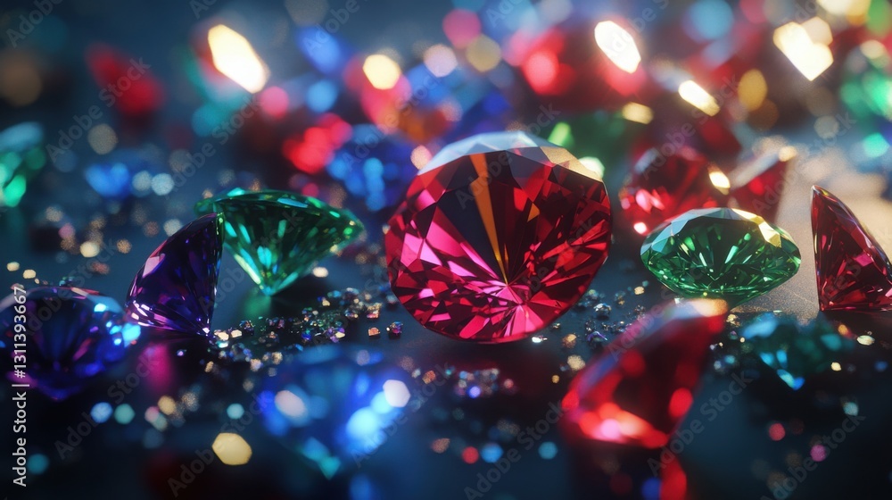 A high-resolution close-up of vibrant gemstones--ruby red, emerald green, and sapphire blue--scattered on a dark, glossy surface. A high-resolution close-up of vibrant gemstones--ruby red, emerald green, and sapphire blue--scattered on a dark, glossy surface.