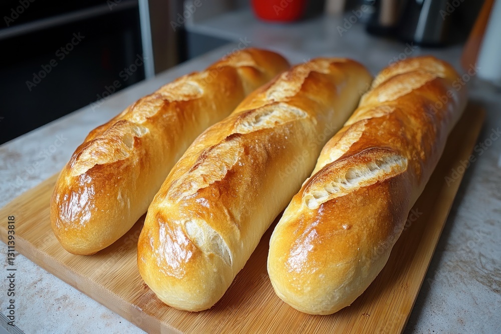 Freshly baked loaves of bread on a wooden cutting board Freshly baked loaves of bread on a wooden cutting board
