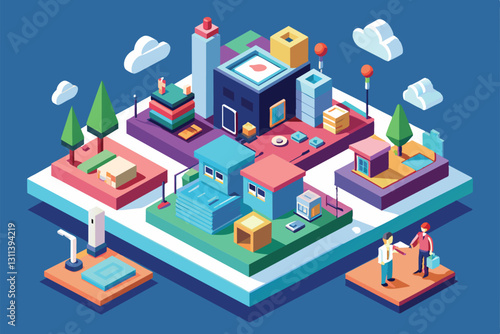 A vibrant isometric city layout shows buildings, trees, and people interacting in a playful environment, Post Customizable Isometric Illustration
