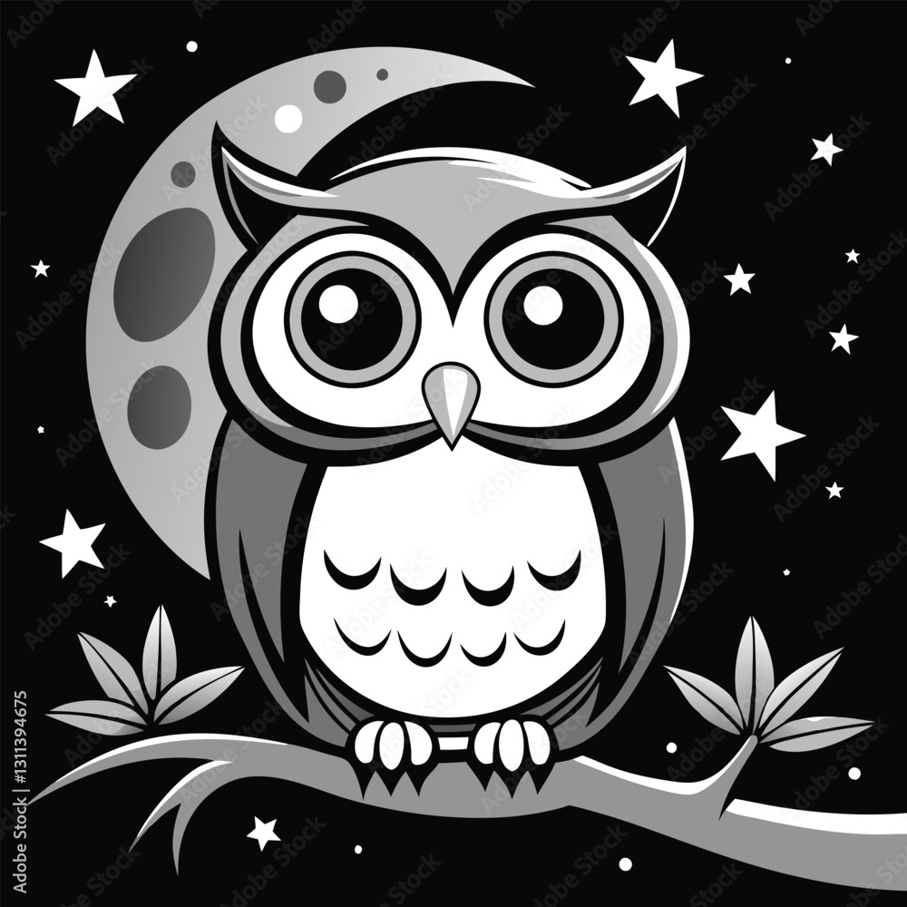 Fototapeta premium Big-Eyed Cartoon Owl on Tree Branch - Fun and Easy Nighttime Coloring Page for Kids, Cartoon Owl Coloring Page, Easy Owl Drawing for Kids, Cute Owl Illustration