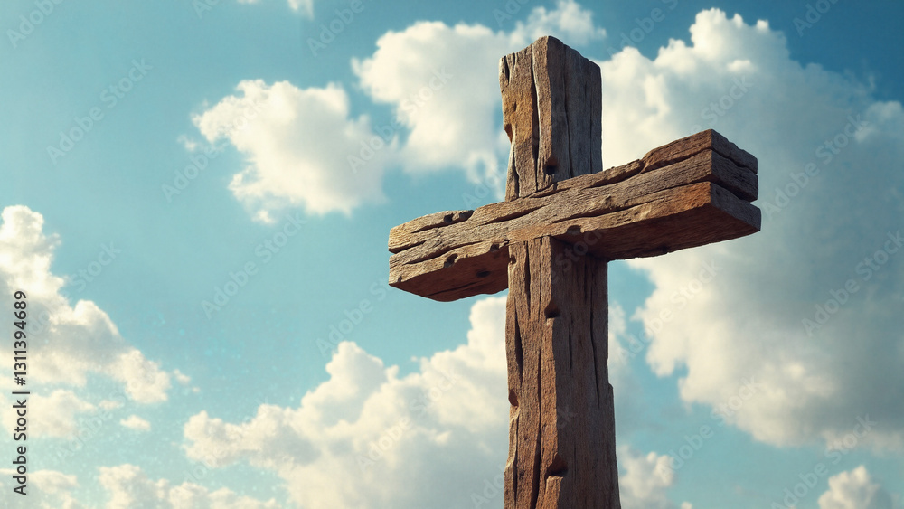 Beautifully Crafted Wooden Cross Against a Serene Sky - Perfect for Religious Publications, Easter Events, and Inspirational Media Beautifully Crafted Wooden Cross Against a Serene Sky - Perfect for Religious Publications, Easter Events, and Inspirational Media