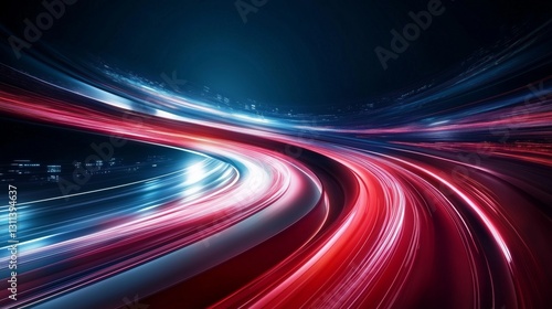 Dynamic highway light trails red and blue speed curves AI generated
