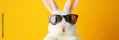 Cool Hare Wearing Fashionable Sunglasses on Vibrant Yellow Background, Easter Bunny Concept.