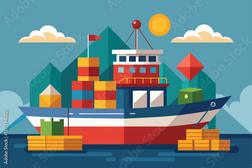 A vibrant boat loaded with containers sails on calm waters under a sunny sky with mountains in the background, Poster or banner for website, Boat with colorful metal boxes,