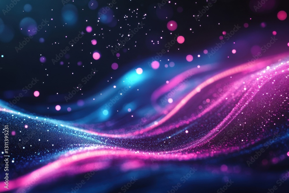 Obraz premium Abstract pink and blue wave with glowing particles. Ideal for tech, music, or fantasy backgrounds.