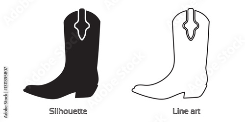 Cowboy boots and western hat, Set of rodeo cowboy Silhouette,Vector illustration. Cowboy boot line art isolated on white background
