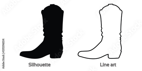 Cowboy boots and western hat, Set of rodeo cowboy Silhouette,Vector illustration. Cowboy boot line art isolated on white background
