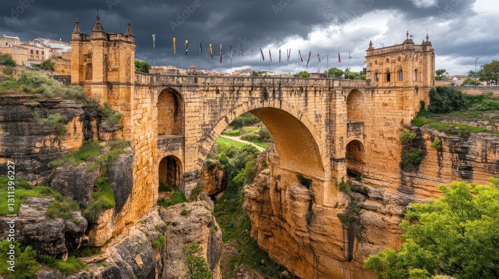 Fototapeta premium Ancient Bridge Over Canyon Under Dramatic Sky