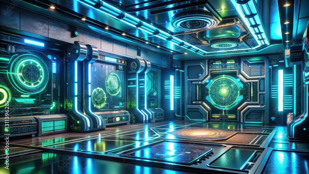 Futuristic Room Interior Design with Illuminated Panels and a Sleek, Modern Floor Futuristic Room Interior Design with Illuminated Panels and a Sleek, Modern Floor