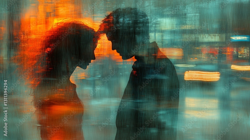 Fototapeta premium Couple stands close, their silhouettes framed by city lights and rain