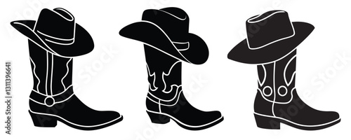 Cowboy boots and western hat, Set of rodeo cowboy Silhouette,Vector illustration. Cowboy boot line art isolated on white background