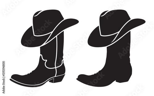 Cowboy boots and western hat, Set of rodeo cowboy Silhouette,Vector illustration. Cowboy boot line art isolated on white background