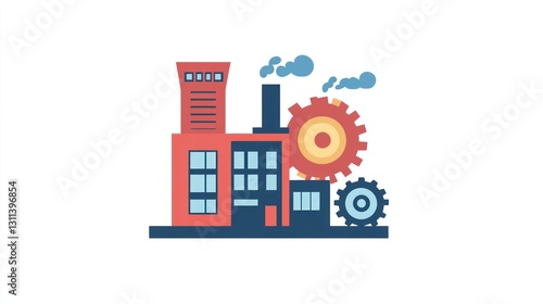Factory building with smokestacks and gear, industrial scene, illustration, stock photo
