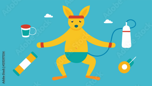 WarmUp Routine In this illustration the kangaroo is performing dynamic stretches sporting a headband and wristbands alongside its boxing gloves. Around it are tered gym accessories