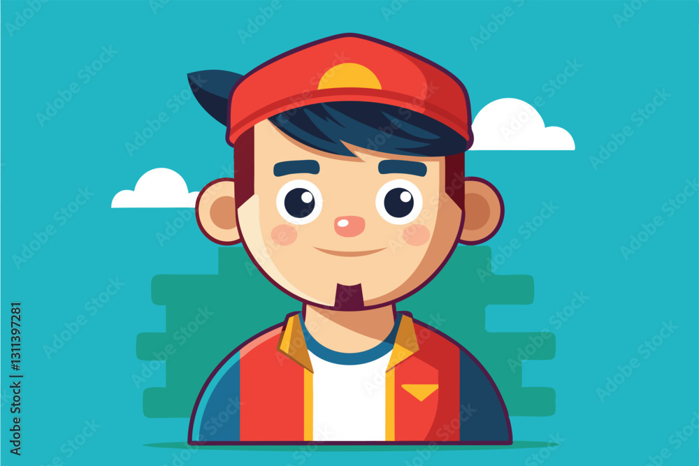 A cheerful cartoon boy with a cap and colorful attire stands out against a vibrant blue backdrop, Posts Customizable Cartoon Illustration A cheerful cartoon boy with a cap and colorful attire stands out against a vibrant blue backdrop, Posts Customizable Cartoon Illustration