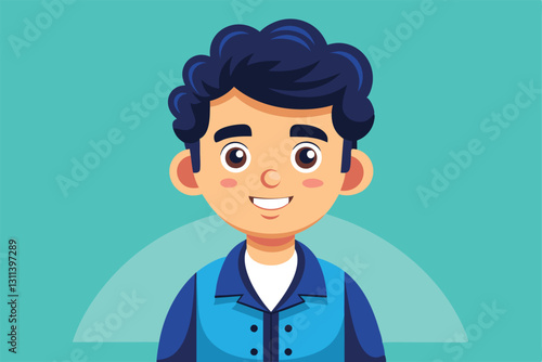 A cheerful young man with curly hair wears a blue shirt and smiles warmly against a vibrant backdrop, Posts Customizable Cartoon Illustration