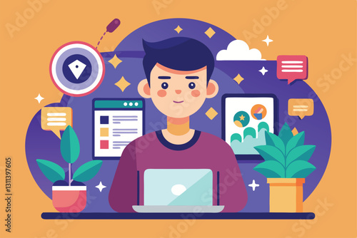 An individual engages with a laptop while decorative plants and digital graphics enhance the environment, Posts Customizable Flat Illustration