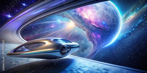 Fototapeta Naklejka Na Ścianę i Meble -  Futuristic vehicle departs from a space station orbiting a vibrant nebula and distant planet.