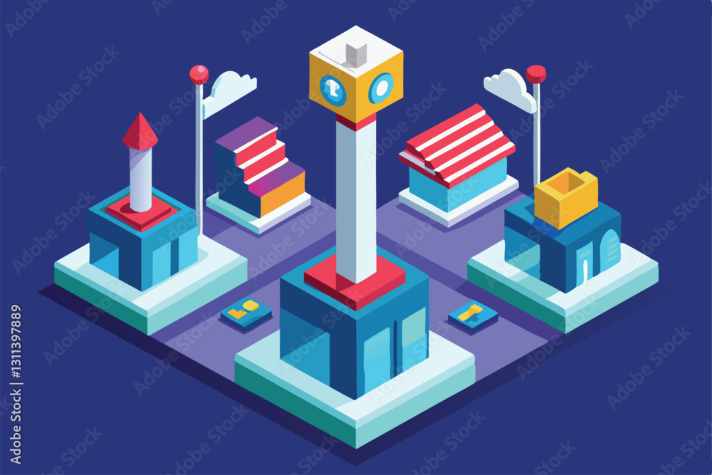 Naklejka premium Explore a vibrant urban layout with customizable buildings and landmarks in a playful isometric style, Posts Customizable Isometric Illustration