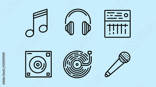 Music Vector Icon Set Featuring Headphones, Microphone, Vinyl Record, Mixer, and Notes for Creative Projects and Graphic Design