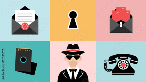 Vector Icon Set for Security, Privacy, and Communication: Email, Lock, Spy, Vintage Telephone, and Document Designs for Modern Applications