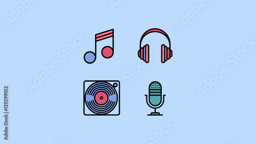 Music Vector Icon Set Featuring Headphones, Microphone, Vinyl Record, and Music Notes for Audio, Podcast, and Entertainment Design Projects