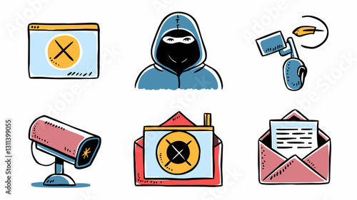 Cybersecurity Vector Icon Set for Online Safety, Hacking Prevention, Surveillance, and Data Protection Illustrations, Perfect for Digital Security Projects.