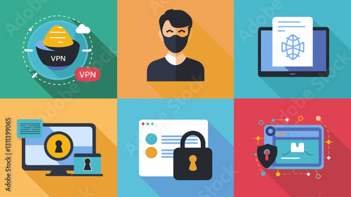 Vector Icon Set for Cybersecurity, VPN, Data Protection, and Online Privacy Illustrations for Digital Security Solutions