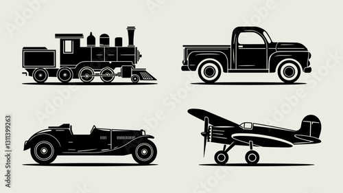 Vintage Transportation Vector Icon Set: Train, Truck, Car, and Airplane Graphics for Designs and Projects - Retro Vehicle Illustrations