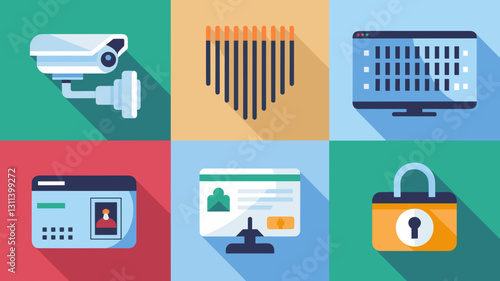 Security Vector Icon Set: CCTV, Lock, ID Card, Computer, Data Protection Symbols for Cybersecurity, Surveillance, and Identity Management Designs