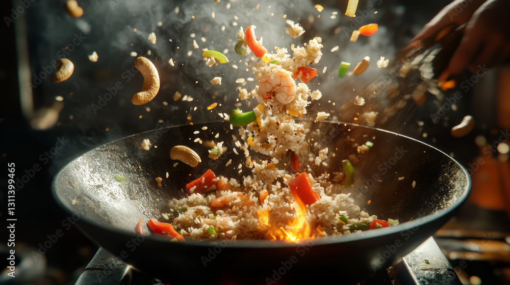 Stir-fried rice and vegetables tossed in a wok, with cashews and shrimp Stir-fried rice and vegetables tossed in a wok, with cashews and shrimp