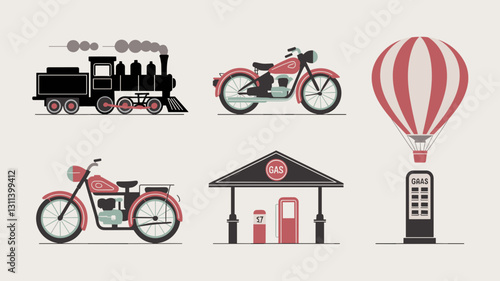 Vector Icon Set of Vintage Transportation, Including Train, Motorcycle, Bicycle, Hot Air Balloon, Gas Station, and Fuel Pump Graphics