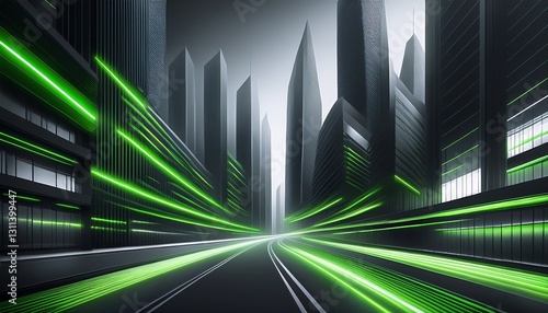 Futuristic Neon Green Lines. Dark gray background with shifting neon green glowing lines & soft light.  Techy & modern abstract