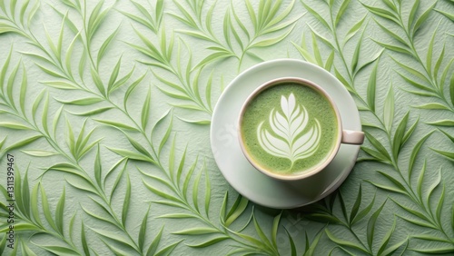 Serene Matcha Latte Art on a Verdant Leaf Background