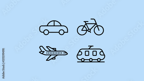Transport Vector Icon Set: Car, Bicycle, Airplane, and Train Icons for Travel and Transportation Projects