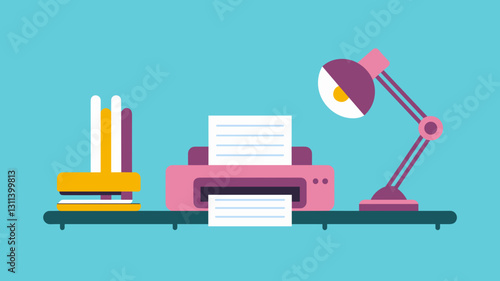 Office Vector Icon Set Featuring Printer, Desk Lamp, and Stationery for Modern Workspaces | Creative Design Elements for Graphic Projects