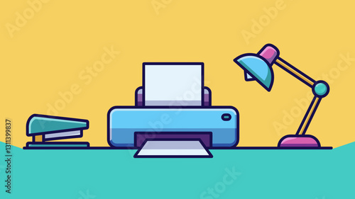 Office Equipment Vector Icon Set Featuring Printer, Lamp, Stapler, and Desk Illustrations for Modern Workspace Design and Graphics