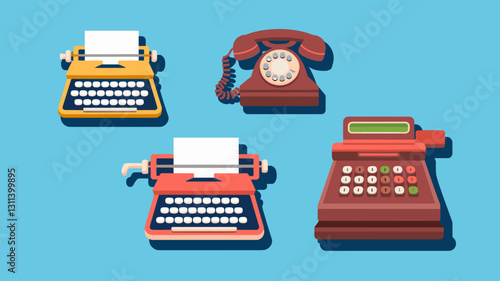 Vintage Communication Icons Vector Set: Typewriter, Telephone, Cash Register, Retro Design for Graphic Projects, Digital Art, and Website Elements.