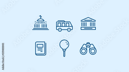 Vector Icon Set for Travel, Exploration, and Culture: Public Buildings, Transport, and Outdoor Activities in Minimalist Design