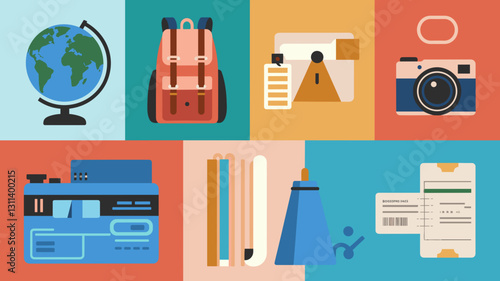 Vector Icon Set for Travel, Education, and Office Supplies – High-Quality Illustrations for Graphic Design, Web, and Print Projects