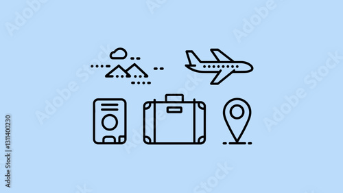 Travel vector icon set featuring airplane, suitcase, location pin, passport, and mountains for tourism and adventure projects. Ideal for travel websites and apps.