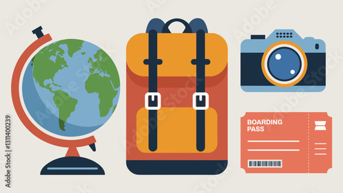 Travel Vector Icon Set: Globe, Backpack, Camera, Boarding Pass for Adventure, Tourism, and Vacation Planning