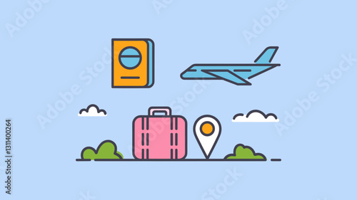 Travel Vector Icon Set Featuring Airplane, Suitcase, Passport, and Location Pin for Travel Blogs, Websites, and Graphic Design Projects