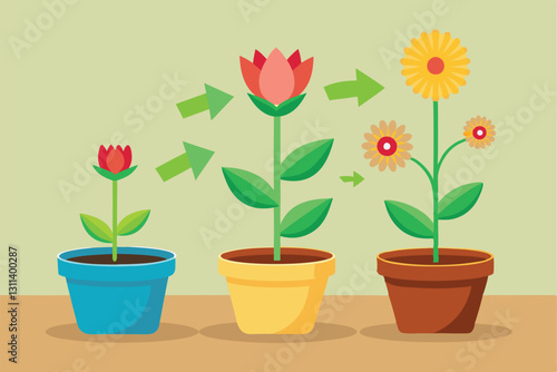 Observe the stages of flower growth in potted plants, from seedling to full bloom in vibrant pots, Potted flower growth cycle,