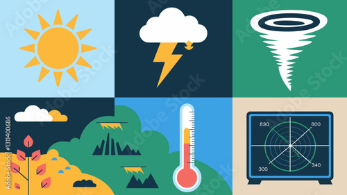 Weather Vector Icon Set: Sun, Clouds, Lightning, Tornado, Thermometer, Radar & Nature Symbols for Meteorology, Education, and Infographics