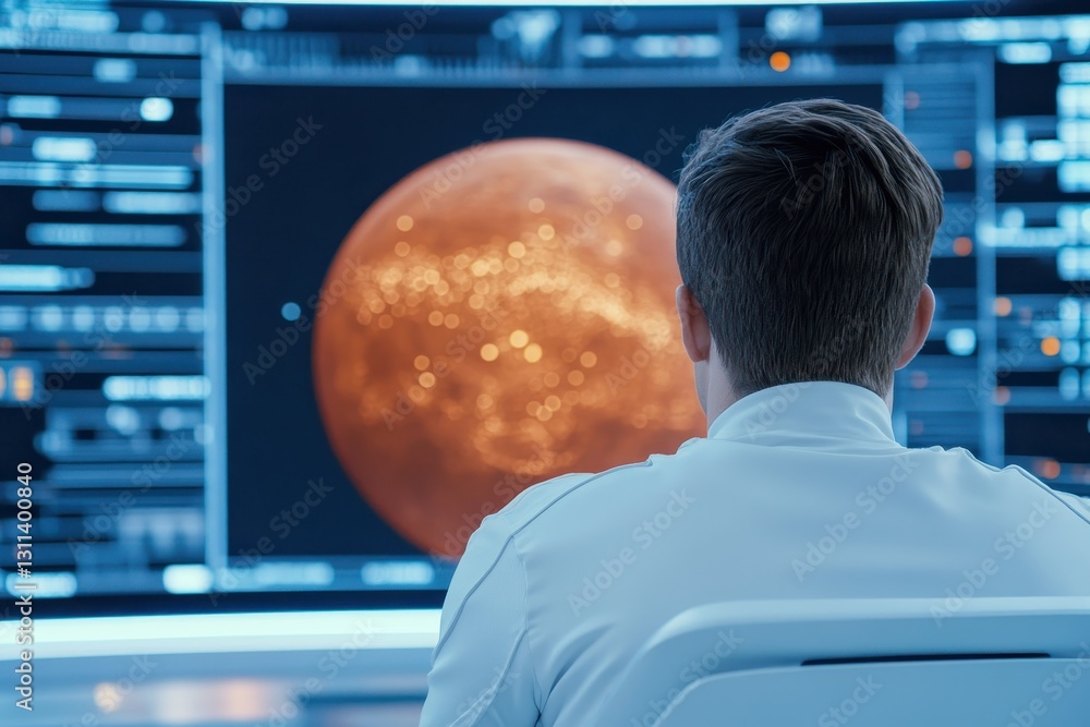 Astronomer Examines Detailed Mars Surfaces On Screen.