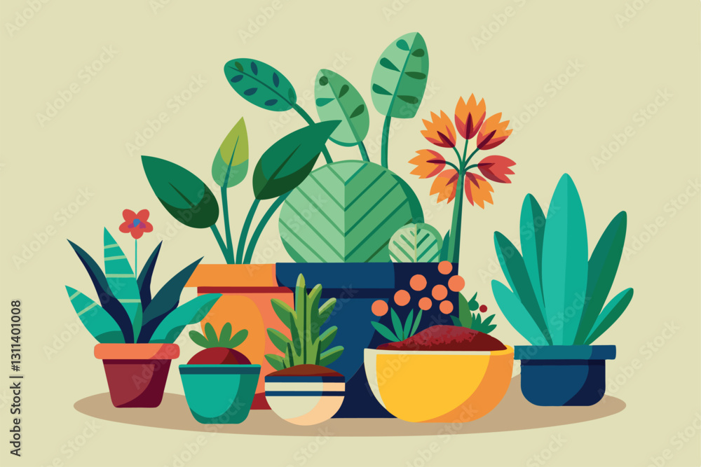 A vibrant display of assorted potted plants showcasing unique designs and colorful arrangements, Potted plants Customizable Disproportionate Illustration A vibrant display of assorted potted plants showcasing unique designs and colorful arrangements, Potted plants Customizable Disproportionate Illustration