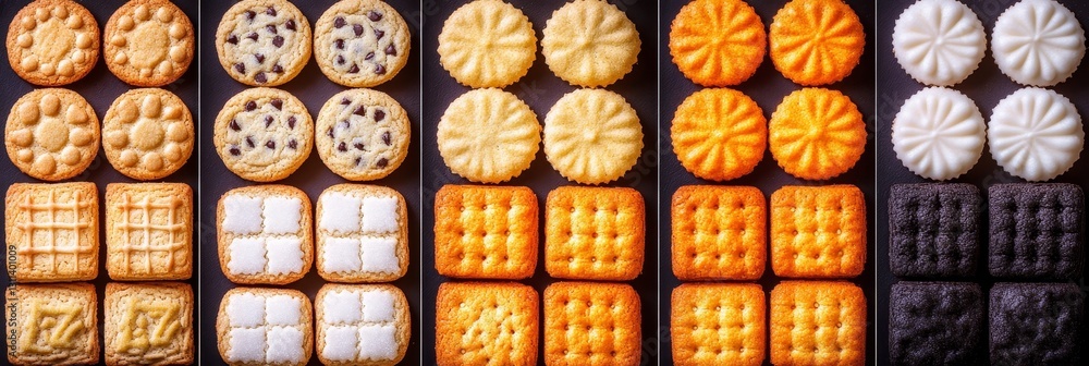 Fototapeta premium Assortment of Sweet Cookies and Biscuits Top View, Flat Lay with White Lines Separation,