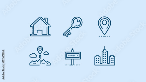 Vector Icon Set for Real Estate, Home Buying, Key, Location Markers, Property Listings, and City Buildings - Perfect for Digital Design Projects